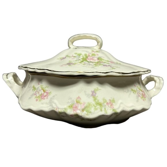 Vintage 1940s Homer Laughlin Jean Republic Soup Tureen Pink Purple Floral USA - Picture 1 of 13